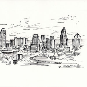 Charlotte skyline #400A pen & ink cityscape drawing with contour lines and hatching for shade and shadows.