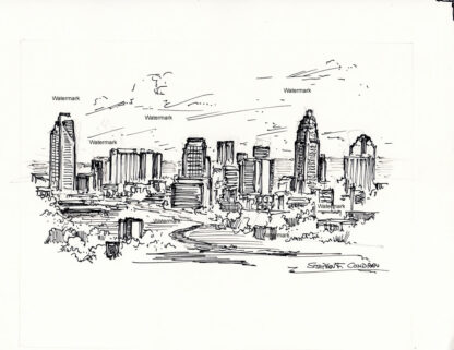 Charlotte skyline #400A pen & ink cityscape drawing with contour lines and hatching for shade and shadows.