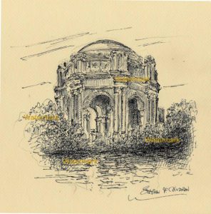 Palace Of Fine Arts pen & ink line drawing with cross hatching.