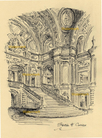 San Francisco #931A City Hall Rotunda landmark pen & ink drawing with view of the grand staircase.