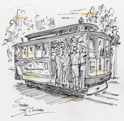 San Francisco trolley #912A pen & ink city scene drawing is popular because of it's passengers.
