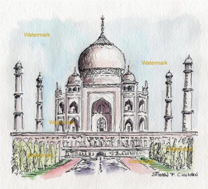 Taj Mahal #2959A pen & ink landmark watercolor reflecting in the pond and fountains.