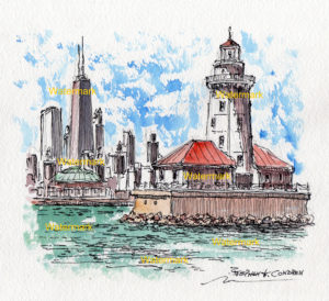 Chicago Harbor Lighthouse watercolor painting with Chicago Navy Pier.