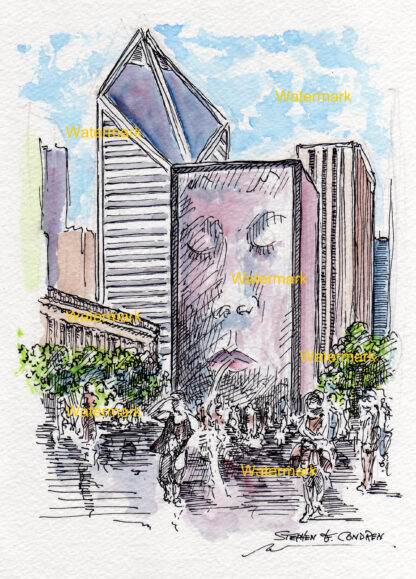 Chicago Millennium Park #1091A pen & in watercolor with faces that light up and spout out water.