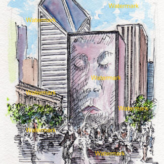 Chicago Millennium Park #1091A pen & in watercolor with faces that light up and spout out water.