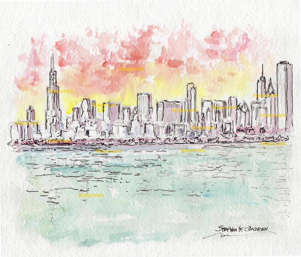 Chicago skyline #1170A pen & ink cityscape watercolor painting at sunset by Stephen Condren.