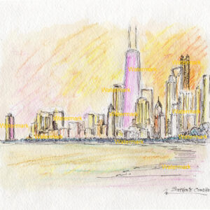 Chicago skyline #2309A pen & ink, with color pencil watercolor at sunset on Lake Michigan.