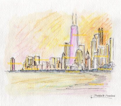Chicago skyline #2309A pen & ink, with color pencil watercolor at sunset on Lake Michigan.