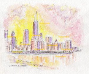Chicago skyline watercolor painting on Lake Shore Drive at sunset.