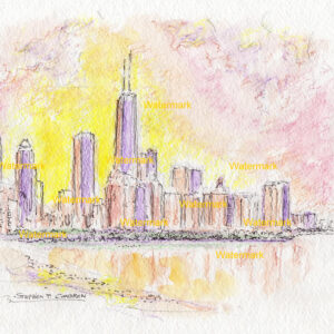 Chicago skyline #2317A pen & ink, with color pencil watercolor at sunset overlooking the skyscrapers and Lake Michigan.