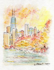 Chicago skyline watercolor painting in Lincoln Park at sunset.