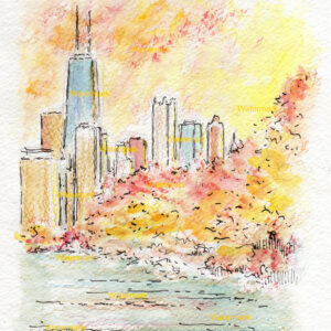 Chicago skyline #2354A pen & ink with color pencil cityscape watercolor at sunset over Lake Michigan.