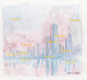 Chicago skyline watercolor Impressionist painting at dusk.