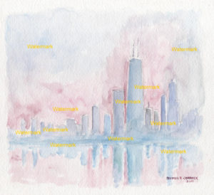Impressionist watercolor painting of Chicago at sunset.