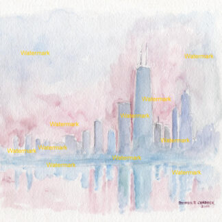 Chicago skyline #610A Impressionist cityscape watercolor with view over Lake Michigan and pink sunset.