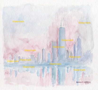 Chicago skyline #610A Impressionist cityscape watercolor with view over Lake Michigan and pink sunset.
