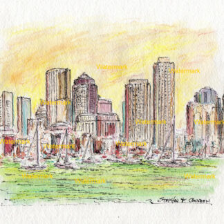 Boston skyline #2416A pen & ink cityscape watercolor with view of the harbor at sunset.