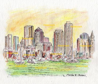 Boston skyline #2416A pen & ink cityscape watercolor with view of the harbor at sunset.