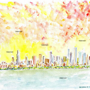 Chicago skyline #423A sunset cityscape watercolor with yellow billowing clouds, and crimson red in the sky.
