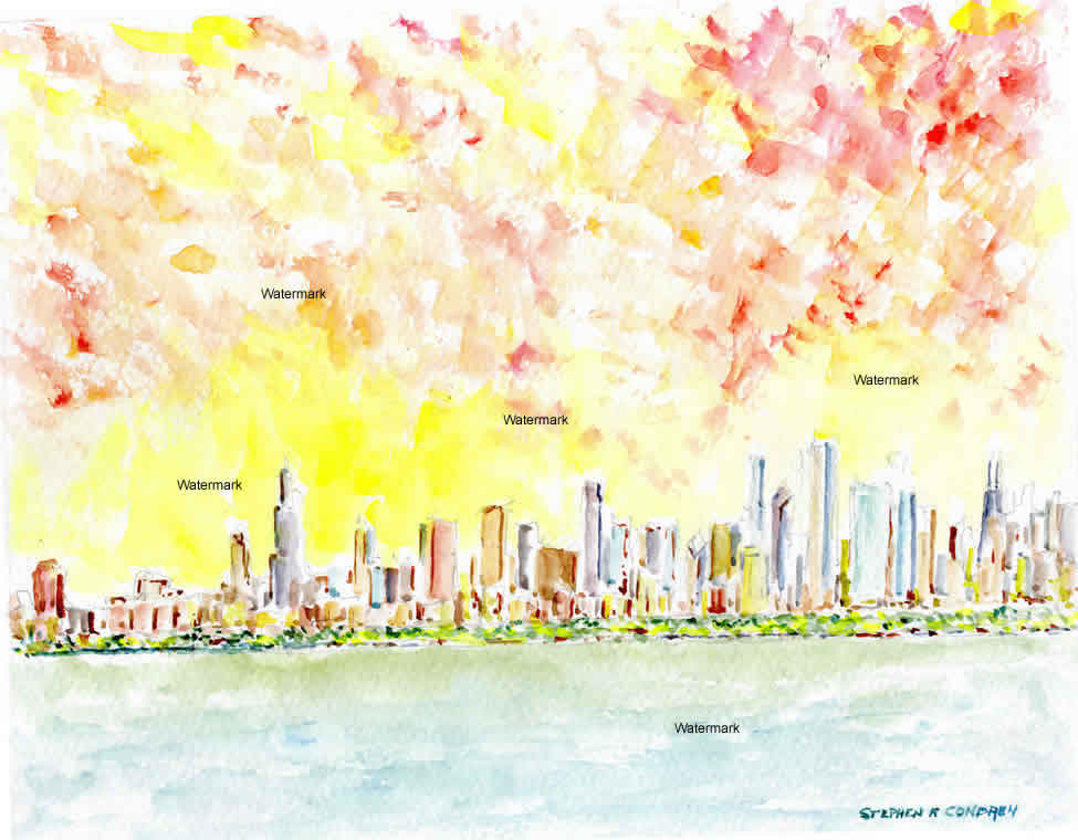 Chicago skyline #423A sunset cityscape watercolor with yellow billowing clouds, and crimson red in the sky.
