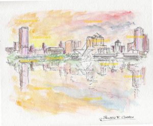 Milwaukee skyline watercolor painting of downtown at sunset.