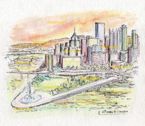 Pittsburgh skyline watercolor painting of downtown at sunset.