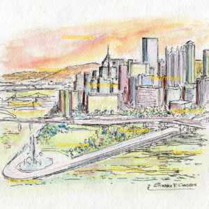 Pittsburgh skyline #2439A pen & ink cityscape watercolor at sunset.