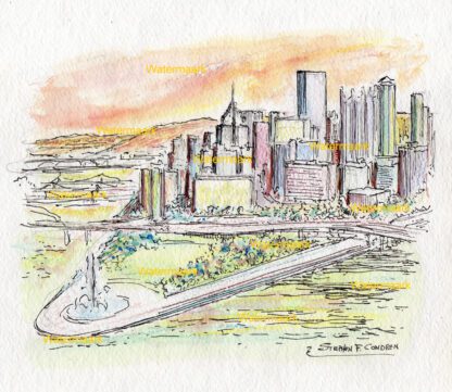 Pittsburgh skyline #2439A pen & ink cityscape watercolor at sunset.