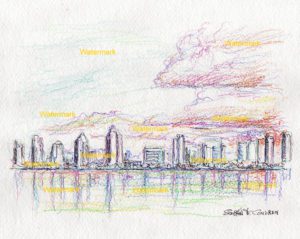 San Diego skyline color pencil drawing at sunset.