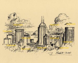 Pen & ink skyline drawing of downtown Indianapolis.