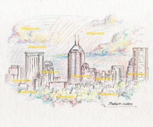 Indianapolis skyline color pencil line drawing of downtown at sunset.