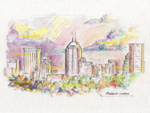 Indianapolis skyline watercolor painting of downtown at sunset.