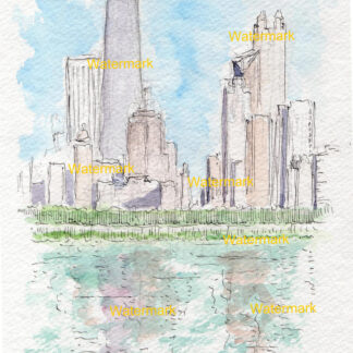 Chicago skyline #1449A pen & ink cityscape watercolor reflecting in the waters of Lake Michigan with views of the near north side