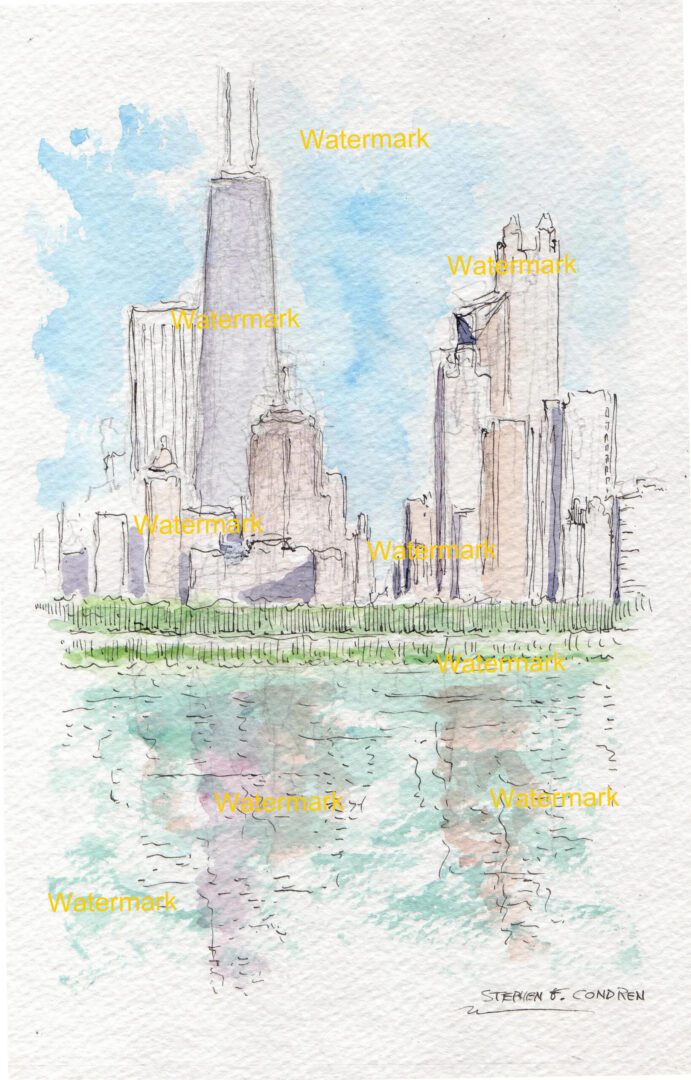Chicago skyline #1449A pen & ink cityscape watercolor reflecting in the waters of Lake Michigan with views of the near north side