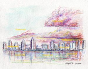 San Diego skyline watercolor on the ocean with stormy clouds at sunset.