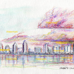 San Diego skyline #2441A color pencil, pen & ink, cityscape watercolor on the bay at sunset.