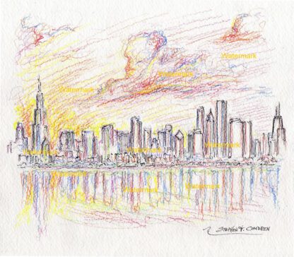 Chicago skyline #2453A pen & ink watercolor at sunset overlooking Burnham Harbor and the Loop with large clouds.