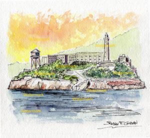 Alcatraz Island watercolor painting with pen & ink lines at sunset.