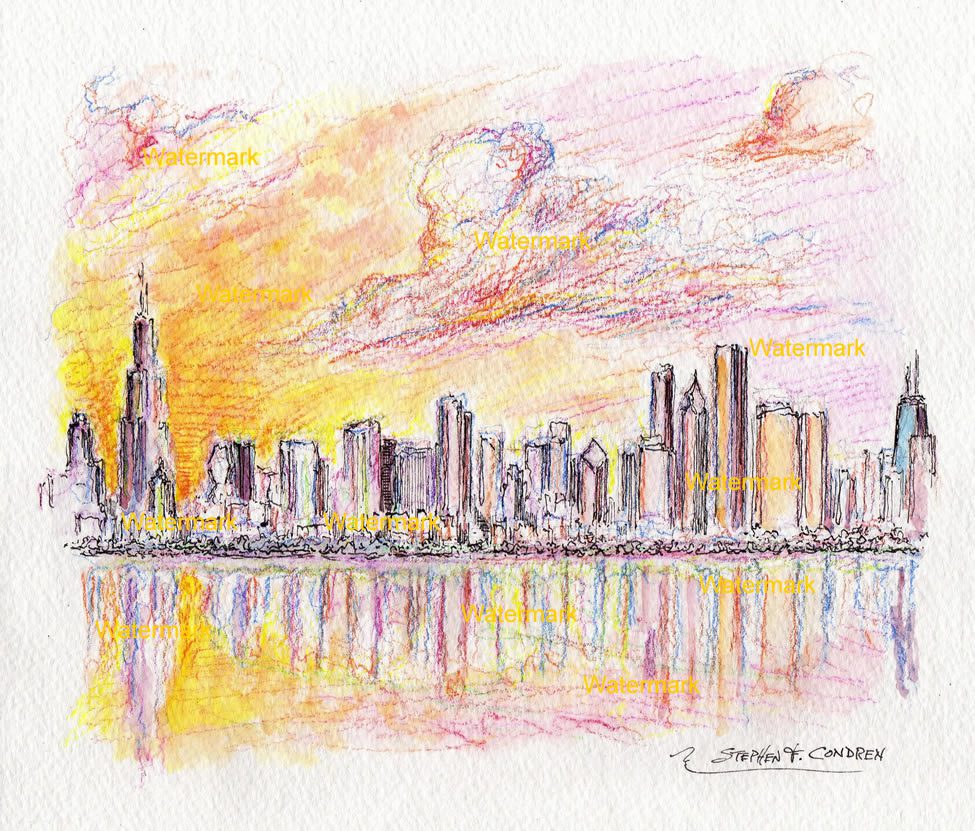 Chicago skyline #2455A pen & ink, cityscape, color pencil watercolor of downtown at sunset.