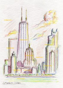 Chicago skyline art color pencil drawing with John Hancock Center.