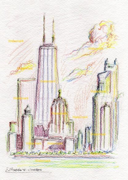 Chicago skyline #2458A pen & ink, color pencil, cityscape drawing at sunset with clouds.