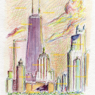 Chicago skyline #2460A pen & ink, color pencil, cityscape watercolor at sunset of the near north side and the John Hancock Center.