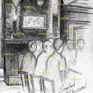 Bar scene #516A pencil tavern drawing with view of the chandeliers.