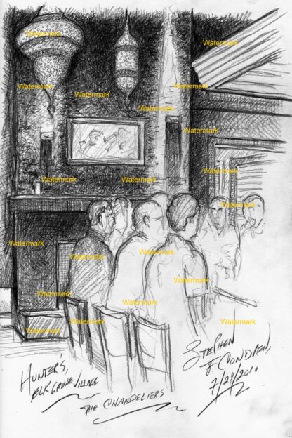 Bar scene #516A pencil tavern drawing with view of the chandeliers.