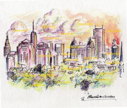 Buffalo skyline #2518A pen & ink, color pencil, cityscape watercolor of downtown with storm clouds at sunset. 