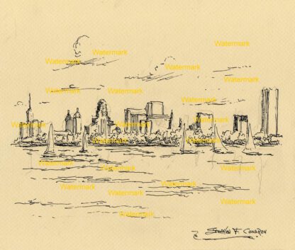 Buffalo skyline #2520A pen & ink cityscape drawing overlooking the banks of Lake Erie