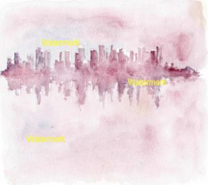 New York City Impressionist skyline watercolor painting of lower Manhattan Island at Dusk.