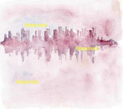 Impressionist Manhattan skyline #567A cityscape watercolor is popular because of it's reflection in the water, the print is matted 11"x14".