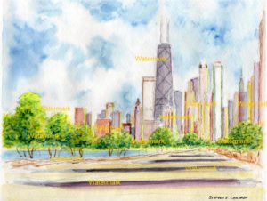 Chicago skyline watercolor painting with John Hancock Center.