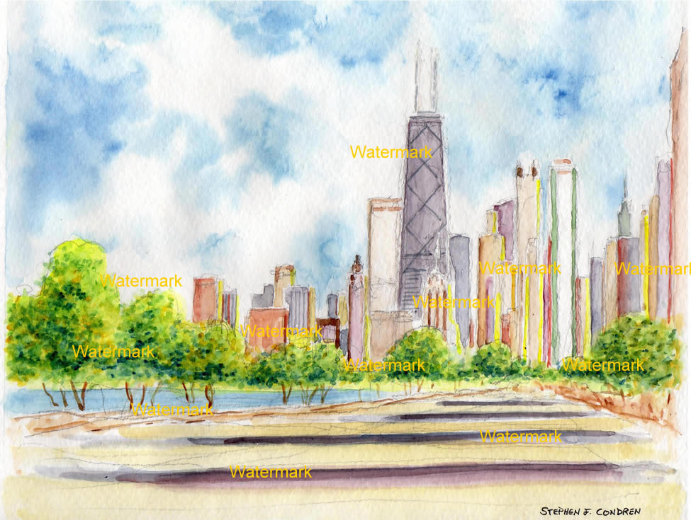 Chicago skyline #599A pen & ink cityscape watercolor with view of North Lake Shore Drive.